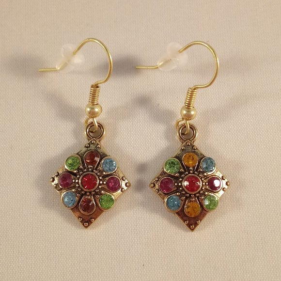 Gold Plated Multi Color Crystal Rhombus Shape Dangle Earrings Women's Party Gift - Picture 1 of 3